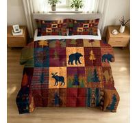 Edredón de 200 x 200 cm, cabaña rústica, para todo el año, para todo el año, para niños, bosque, cabaña, patchwork, animales, edredón con 2 fundas de almohada de 80 x 80 cm, suave y reversible, para