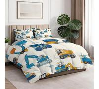 Edredón de 200 x 200 cm, edredón estampado de construcción excavadoras grúas azul reversible - Edredón para 2 personas suave para 4 estaciones - 2 fundas de almohada de 65 x 65 cm