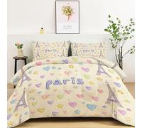 Edredón de 264 x 229 cm, estampado de estilo francés lindo, 4 estaciones, microfibra, amarillo, juego de cama, corazón Torre Eiffel con estrellas acolchadas, decoración de edredón con 2 fundas de
