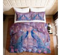 Edredón de 4 estaciones, 140 x 200 cm, edredón de sueños florales con luz estrella, para cama de 1 persona, animal pavo real campo flores árbol edredón reversible rosa sin funda, edredón ligero con 2