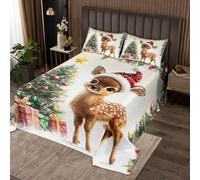 Edredón de ciervo de Navidad tamaño L, lindo animal de Navidad verde pino regalos edredón conjunto con 2 fundas de almohada, Happy New Year Winter Holiday Microfibra Coverlet Set para niños