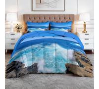 Edredón de estilo rural sin funda de 200 x 200 cm, costa tropical, océano, olas, rocas, edredón para niños, niñas, color azul océano, para todo el año, lavable, no necesita planchado, suave para