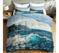 Edredón de paisaje natural para las 4 estaciones, 155 x 220 cm, suave y lavable, transpirable, sin funda con pintura al óleo abstracta de olas marinas y pinturas al óleo, reversible azul, edredón de
