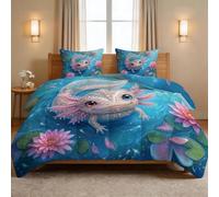 Edredón de verano acolchado 3D de dibujos animados animal 240 x 220 cm, 100% algodón lavado manta fresca, edredón suave y ligero para 2 personas, lindo Axolotl flor azul colcha fina