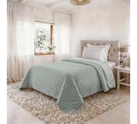 Edredón de Verano Water Washed, Colcha de Microfibra, Acolchada y con Relleno de 100 g, Manta para Cama Plaza y Media 220x250 cm - Milky Green/Bianco