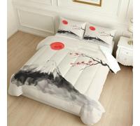 Edredón Decorativo 4 Estaciones Flores de Cerezo y montañas Nevadas abstractas 155 x 220 cm Gris Oscuro Relleno Nórdico Suave, Estilo Moderno Lavable
