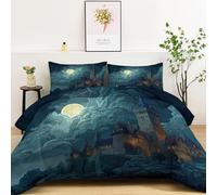 Edredón Estampado 3D Suave y Transpirable | Anime Castillo Medieval Fantasía Luna Llena, Nórdico Lavable para Todas Las Estaciones, Incluye 2 Fundas de Almohada 50x75 cm, 235x260 Azul oscuro