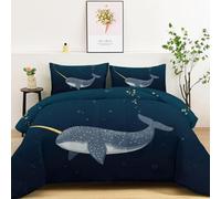 Edredón Estampado Dibujo Aguas Profundas Narval, Azul Oscuro Antialérgico Anti Decoloración Juego de Ropa de Cama, 200 x 200 cm Cuatro Estaciones Edredón 3 Piezas con 2 Fundas de Almohada