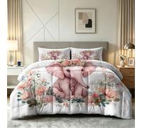 Edredón genérico de 200 x 200 cm, flores elefante corona para 2 personas, edredón de 4 estaciones, diseño de dibujos animados, reversible sin fundas con 2 fundas de almohada, lavable a máquina