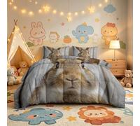 Edredón infantil de 155 x 220 cm para cama individual, rústico, cálido, suave, reversible, 4 estaciones, edredones y 2 fundas de almohada, animales del bosque, liebre, conejo, edredón sin funda