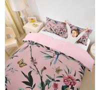 Edredón infantil de flores rosadas tamaño L hojas verdes agrícolas ramas marrones de acuarela pájaro suave manta de poliéster cubierta de animales naturales y plantas juego de ropa de cama (2