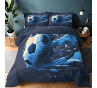 Edredón Microfibra Balón De Fútbol De Dibujos Animados 4 Estaciones Edredónes Acolchado, Azul Oscuro Suave Ligera 220 x 240 cm Edredones Estilo De Garabato Reversible Edredón Acolchado Sin Funda