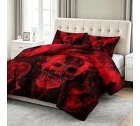 Edredón nórdico acolchado estampado de 4 estaciones, 160 x 200 cm, Halloween, fantástico fuego, calaveras, edredón sin funda para 2 personas, edredón reversible, suave, lavable a máquina, rojo