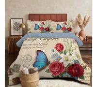 Edredón Nórdico Postales De Collage Retro Para Cama 240X220Cm, Relleno De Fibra 200Gr/M2, Estampado Rosas Mariposas Palabras Reversible, Suave Ligero Y Cálido Para Invierno Entretiempo, Beige