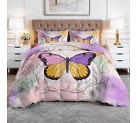 Edredón nórdico reversible de 240 x 260 cm, edredón de 4 estaciones, sin funda de color beige, diseño de flores, mariposas y edredón acolchado con 2 fundas de almohada para niños y niñas