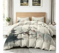 Edredón para las 4 estaciones, edredón oriental minimalista pagoda montañas, árbol, edredón sin funda utilizable, 220 x 240 cm, edredón reversible para niños para todo el año, lavable, color beige y