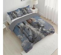 Edredon Plata 4 Estaciones, Ligera Transpirable 240x220 cm Estampado Reversible Edredón Caballero Femenino Caballo Blanco, Suave Calentador Poliéster Realismo Fantasía Edredones con Fundas de Almohada