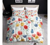 Edredón retro campestre, 4 estaciones, color rojo y naranja, acuarela, rosa silvestre, campo, reversible, cálido, 135 x 200 cm, algodón lavable, suave para todo el año, edredón sin funda