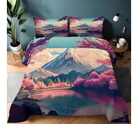 Edredón Reversible Estilo Japonés Sakura Monte Fuji Lago, Juego de Edredón Estampado Suave y Transpirable para Todo el Año, Ideal para una Renovación Instantánea(200×200 cm, Rosa)
