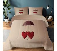 Edredón Romántico Corazón Rojo Paraguas Estampado Suave, Ropa de Cama 240 x 220 cm Cálida y Acogedora con Fundas de Almohada, Edredón Minimalismo Ligera Lavable a Máquina para Todas las Estaciones