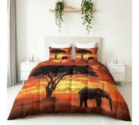 Edredón sin funda de 3 piezas para cama de matrimonio pequeño, estampado de animales, elefante, pastizal, puesta de sol, microfibra suave, cálido, sin fundas, para camping, verano, invierno, lavable