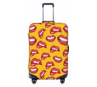 EdsfFehs Funda de equipaje con estampado de labios rojos, para mujer, con texto en inglés "Smiling and Biting Her Red Lips", protector de maleta lavable, resistente a los arañazos, Black, L