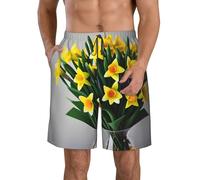 EdsfFehs Pantalones cortos de playa con estampado de ramo de narcisos para hombre, cintura elástica, cordón ligero, casual, con bolsillos, blanco, L