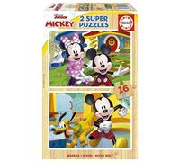 Educa - 2x16 Mickey & Minnie, 2 Puzzles de Madera ecológica Resistente con 16 Piezas Cada uno, diversión por Partida Doble, Medidas: 26 x 18 cm, A Partir de 3 años (19287)