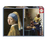 Educa - Pack de 2 Puzzles de 1000 Piezas para Adultos | La Joven de la Perla + La Lechera, Johannes Vermeer. Incluye Pegamento Fix Puzzle. Medidas: 48 x 68 cm. A Partir de 14 años (20309)