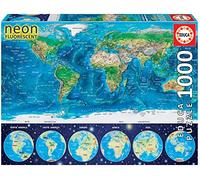 Educa - Puzzle de 1000 Piezas para Adultos | Serie Neon Puzzle Fluorescent, Puzzle 1000 Piezas Mapamundi Físico, Brilla en la Oscuridad (16760)