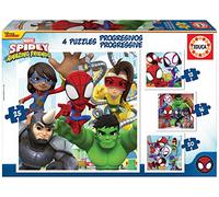 Educa - Progresivos Spidey and His Amazing Friends 12-16-20-25 4 Puzzles progresivos de cartón con 12-16-20-25 Piezas Medida aproximada de Cada Puzzle 16 x 16 cm A Partir de 3 años (19295)