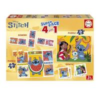 Educa - Superpack Stitch Disney 4 en 1 | Puzzles, Dominó, Memory Infantil | 2 Puzzles 25 y 50 Piezas, Dominó 28 fichas, Identic 28 Cartas | Juego Educativo niños 3 años (20474)