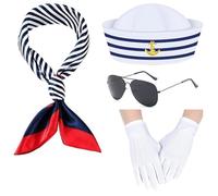 EduPlayte 4 Piezas Conjunto de Disfraz de Capitán Marinero, Juego de Disfraces de Marinero, Juego de Marinero Sombrero,Bufanda,Gafas de Sol,Guantes Blancos, Fiestas Accesorio de Disfraz