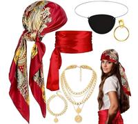 EduPlayte 6 PCS Accesorios Pirata Mujer, Hombre Piratas del Caribe Disfraces adultos con Pañuelo, Parche Ojo, Faja, Pendientes, Pulseras, Collares, para Halloween, Disfraz de Pirata, Carnaval