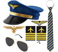 EduPlayte Accesorios de Sombrero de Piloto,7 Piezas Disfraz de Héroe de Piloto, Set de disfraz Profesión Trabajo Gafas de sol Gorra Escolar Insignia Accesorio Carnaval Halloween Fiesta