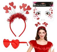 EduPlayte Diadema de Corazón, Diadema Corazon Mujer, Diadem Corazo San Valentín, Boda, de Pelo, Rojo y Tatuaje Facial, Regalos San Valentín