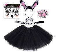 EduPlayte Disfraz de Cebra Bonito para Chica y Mujer, Vestido Negro con Cola de Rayas Blancas, Diadema con Orejas, Lazo, Guantes & Tatuaje Cara, Outfit Fiesta Animal Adorable