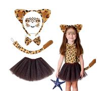 EduPlayte Juego de 5 diademas de leopardo de Halloween, calcomanías artísticas de cara de leopardo, oreja, cola, pajarita y falda de gasa estampada, para carnaval, cosplay, fiesta de Navidad