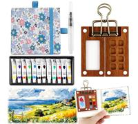 EduPlayte Mini juego de pintura de acuarela de viaje, 5 piezas, juego de acuarelas de viaje, paleta portátil de cloring - Paleta de madera plegable con tapa, pincel de cuaderno de bocetos para los