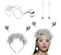 EduPlayte Set de Accesorios de Fiesta Disco Plateado para Mujeres Hombres - Gafas Bola de Disco Años 70, Pendientes Brillantes & Diadema de Purpurina