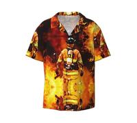 EdWal Camisa de manga corta con botones y estampado de llamas bomberos para hombre, estilo casual, holgada, para verano, playa, camisas de vestir para hombre, Negro, 50