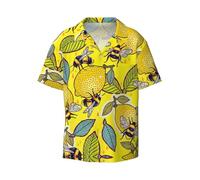 EdWal Camisas de manga corta con botones y estampado de limón amarillo y abeja para hombre, estilo casual, holgada, para verano, playa, camisas de vestir para hombre, Negro, 42
