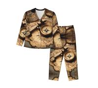 EdWal Conjunto de pijama con estampado de brújula y mapa del viejo mundo para mujer, conjunto de pijama de moda de manga larga y parte inferior de longitud completa, Negro, XXL