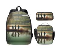 EdWal Fishing Lake Fishermen - Mochilas estampadas con bolsa de almuerzo, estuche para lápices, 3 piezas, bolsa ligera para libros para escuela secundaria, Black, Talla única