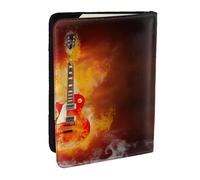 EdWal Funda para pasaporte con diseño de guitarra de rock en llamas con tarjetero de crédito, funda de cuero para pasaporte, para mujeres y hombres, identificación familiar, viajes, Black, Talla única