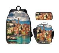EdWal Hermosas mochilas con estampado de Italia con lonchera y estuche para lápices, 3 piezas, bolsa ligera para libros para escuela secundaria, Black, Talla única