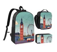 EdWal I Love London - Mochila escolar con estampado de Londres, 3 piezas, con fiambrera y estuche para lápices, bolsa ligera para libros