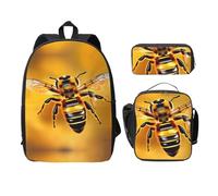 EdWal Mochilas con estampado de abeja voladora con bolsa de almuerzo, estuche para lápices, 3 piezas, bolsa ligera para libros para escuela secundaria, Black, Talla única