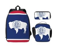 EdWal Mochilas con estampado de bandera del estado de Wyoming con bolsa de almuerzo, estuche para lápices, 3 piezas, bolsa ligera para libros para escuela secundaria, Black, Talla única
