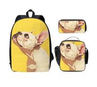 EdWal Mochilas con estampado de bulldog francés con bolsa de almuerzo, estuche para lápices, 3 piezas, bolsa ligera para libros para escuela secundaria, Black, Talla única